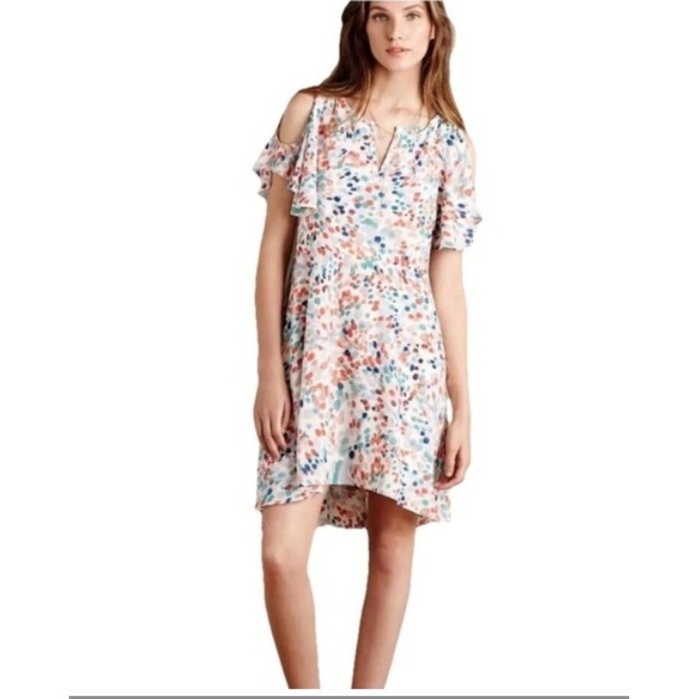 Anthropologie Maeve Watercolor Dots Colorful Lined Dress Flutter Sleeve Feminine